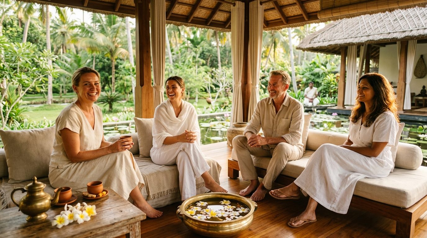 Guests relaxing together in a garden pavilion during a Panchakarma rejuvenation retreat